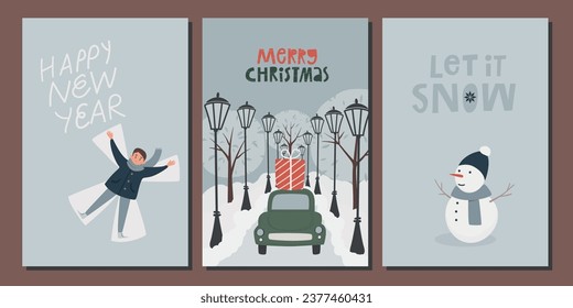 Set of winter postcards. Christmas fair. New Year. A man lies on the snow. Snowman. Car with a gift