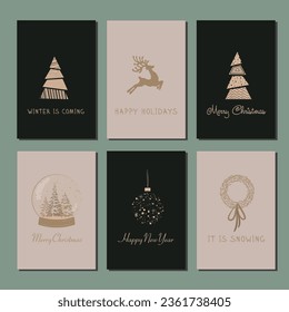 Set of winter postcards. Christmas tree, magic ball, Christmas wreath and ball. Christmas card. Happy New Year card. Golden design