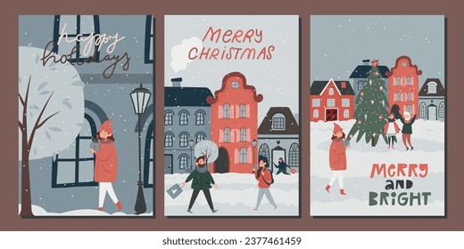 Juego de postales de invierno. Árbol de Navidad. Año Nuevo. La gente está de compras. Compras