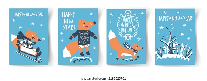 A set of winter postcards with cute foxes. Vector illustration
