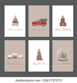 Set of winter postcards. Gifts, a Christmas tree, a car, a magic ball. Christmas card. Happy New Year card