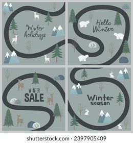 Set of winter postcards. Hello winter. Discount coupon, winter sale. Winter design