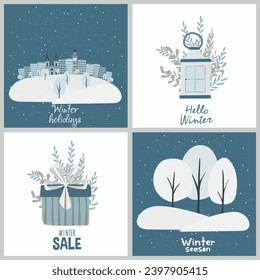 Set of winter postcards. Hello winter. Discount coupon, winter sale. Winter design