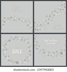 Set of winter postcards. Hello winter. Snowflakes Discount coupon, winter sale