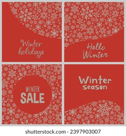 Set of winter postcards. Hello winter. Snowflakes Discount coupon, winter sale