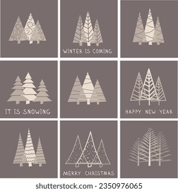 Set Winterpostkarten. Frohe Weihnachten und glückliches neues Jahr. Postkarten mit abstraktem Muster. Weihnachtsbäume, Schneeflocken sind handgezeichnet