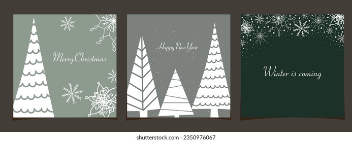 Juego de postales de invierno. Feliz Navidad y Feliz Año Nuevo. Postales con un patrón abstracto. Árboles de Navidad, copos de nieve dibujados a mano