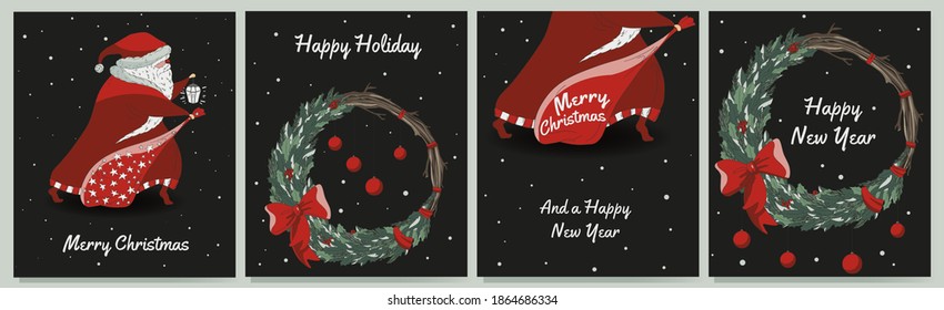 Set of winter postcards with Santa Claus, Christmas wreath and falling snow on a dark gray background.