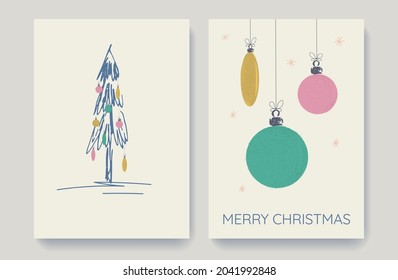 set of winter postcards templates with hand drawn xmas tree and Christmas toys