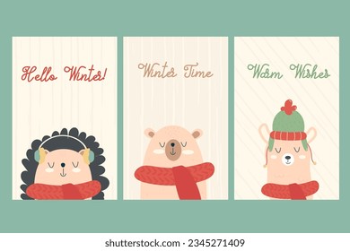 A set of winter posters, cards with animal characters