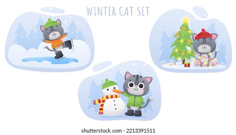 Set of winter posters with cute gray cat, kitty with Christmas tree, snowman, black skates on ice rink on blue background. Vector illustration for postcard, banner, web, design, arts, calendar.