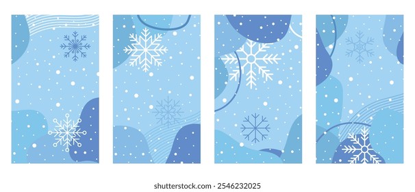 Conjunto de cartazes de inverno com flocos de neve. Bandeiras coloridas de inverno com flocos de neve caindo. Cenas de inverno. Fundo de inverno. Ilustração vetorial