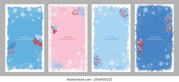 A set of winter posters with snowflakes and red berries of rowan and viburnum. Design for stories on social networks, wallpapers. Place for photo or text. Vector image.