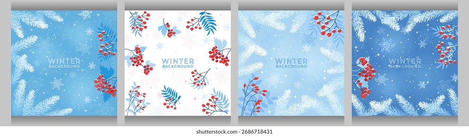 Set von Winterplakaten mit Schneeflocken, Fichtenzweigen und roten Beeren. Vektorgrafik.