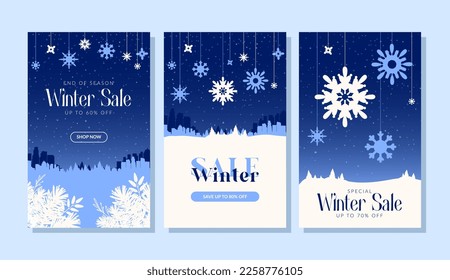 Set of Winter posters with snowflakes and text for seasonal sales. 