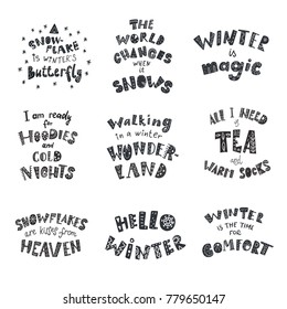 Set of winter quotes and phrases. Hand drawn lettering with decorative elements. Scandinavian style.