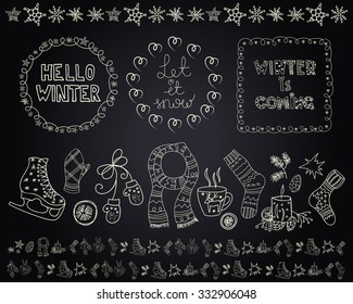 Set of winter related objects and symbols for any design project. Vector doodle illustration on chalkboard.