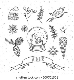 Set winter: ribbon, snowflake, pine cone, Christmas stocking, snow globe, bird, star, branch, vector.