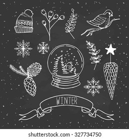 Set winter: ribbon, snowflake, pine cone on dark background, Christmas stocking, snow globe, bird, star, branch, vector.