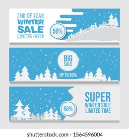 Set of winter sale banner vectors. Winter sale vector banner design with white snowflakes elements and winter sale text in snow pattern background for shopping promotion.