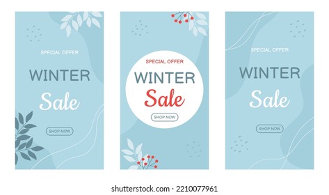 Set of winter sale banners template in blue colors with twigs. Template for social media, banner, poster, flyer