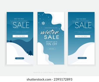 Set of winter sale banners template in blue colors with twigs. Template for social media, banner, poster, flyer. Vector illustration