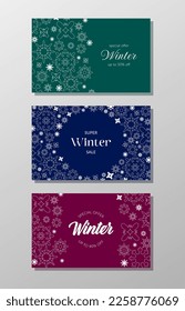 Set of winter sale banners with text and snowflakes pattern.