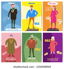 Set of winter sale cards with the characters of people, men and women of different ages in winter clothes, the trend of retro flet kartun style vector, illustration, isolated, banner, template