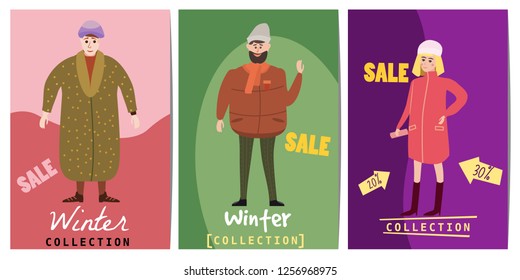 Set of winter sale cards with the characters of people, men and women of different ages in winter clothes, the trend of retro flet kartun style vector, illustration, isolated, banner, template