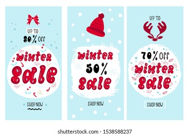 Set of WINTER SALE hand drawn vertical background with 30,50,70% sale. Blue and red color winter loyout design for banner, flyer, invitation, poster, discount. Vector illustration.
	
