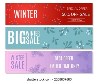 Set Of Winter Sale Horizontal Banners Template. Discount Text With Winter Twigs. Vector Illustration