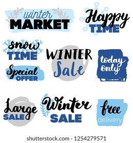 Set of winter sale logos and icons, labels, tags. Hand drawn winter sale badges, set of snow, holiday time, special offer signs and elements set