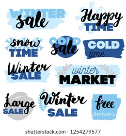 Set of winter sale logos and icons, labels, tags. Hand drawn winter sale badges, set of snow, holiday time, special offer signs and elements set