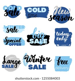 Set of winter sale logos and icons, labels, tags. Hand drawn winter sale badges, set of snow, holiday time, special offer signs and elements set