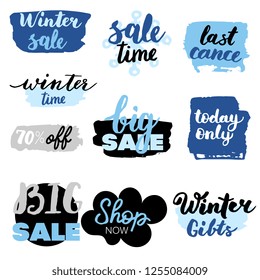 Set of winter sale logos and icons, labels, tags. Hand drawn winter sale badges, set of snow, holiday time, special offer signs and elements set