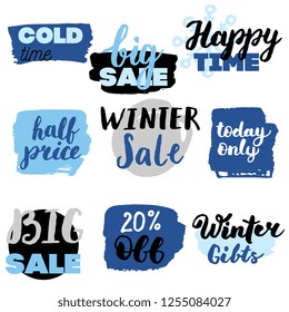 Set of winter sale logos and icons, labels, tags. Hand drawn winter sale badges, set of snow, holiday time, special offer signs and elements set
