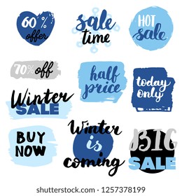 Set of winter sale logos and icons, labels, tags. Hand drawn winter sale badges, set of snow, holiday time, special offer signs and elements set