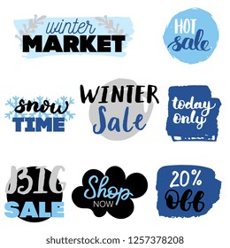 Set of winter sale logos and icons, labels, tags. Hand drawn winter sale badges, set of snow, holiday time, special offer signs and elements set