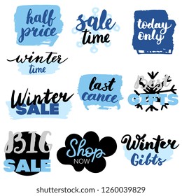 Set of winter sale logos and icons, labels, tags. Hand drawn winter sale badges, set of snow, holiday time, special offer signs and elements set