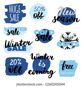 Set of winter sale logos and icons, labels, tags. Hand drawn winter sale badges, set of snow, holiday time, special offer signs and elements set