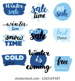 Set of winter sale logos and icons, labels, tags. Hand drawn winter sale badges, set of snow, holiday time, special offer signs and elements set