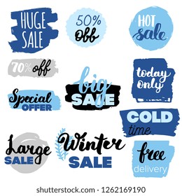Set of winter sale logos and icons, labels, tags. Hand drawn winter sale badges, set of snow, holiday time, special offer signs and elements set