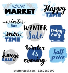 Set of winter sale logos and icons, labels, tags. Hand drawn winter sale badges, set of snow, holiday time, special offer signs and elements set