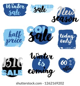 Set of winter sale logos and icons, labels, tags. Hand drawn winter sale badges, set of snow, holiday time, special offer signs and elements set