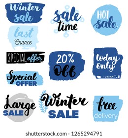 Set of winter sale logos and icons, labels, tags. Hand drawn winter sale badges, set of snow, holiday time, special offer signs and elements set
