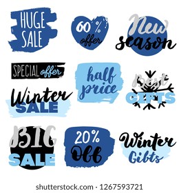Set of winter sale logos and icons, labels, tags. Hand drawn winter sale badges, set of snow, holiday time, special offer signs and elements set
