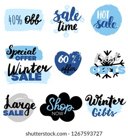 Set of winter sale logos and icons, labels, tags. Hand drawn winter sale badges, set of snow, holiday time, special offer signs and elements set