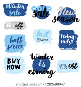 Set of winter sale logos and icons, labels, tags. Hand drawn winter sale badges, set of snow, holiday time, special offer signs and elements set
