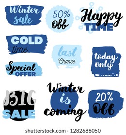 Set of winter sale logos and icons, labels, tags. Hand drawn winter sale badges, set of snow, holiday time, special offer signs and elements set