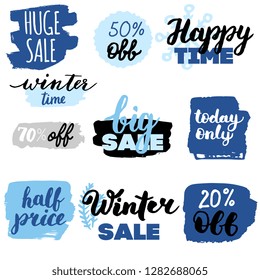 Set of winter sale logos and icons, labels, tags. Hand drawn winter sale badges, set of snow, holiday time, special offer signs and elements set